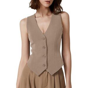 Women's Turner Taupe V Neck Vest Top Sleeveless Button Down Lined Solid Crop Top